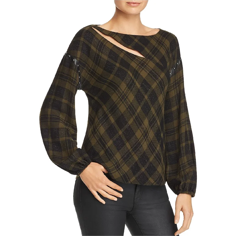 Ramy Brook Womens Embellished Plaid Pullover Blouse, Green, X-Small