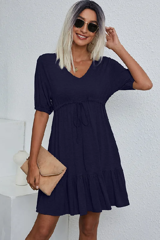 V Neck Drawstring Waist Solid Casual Mini Dress