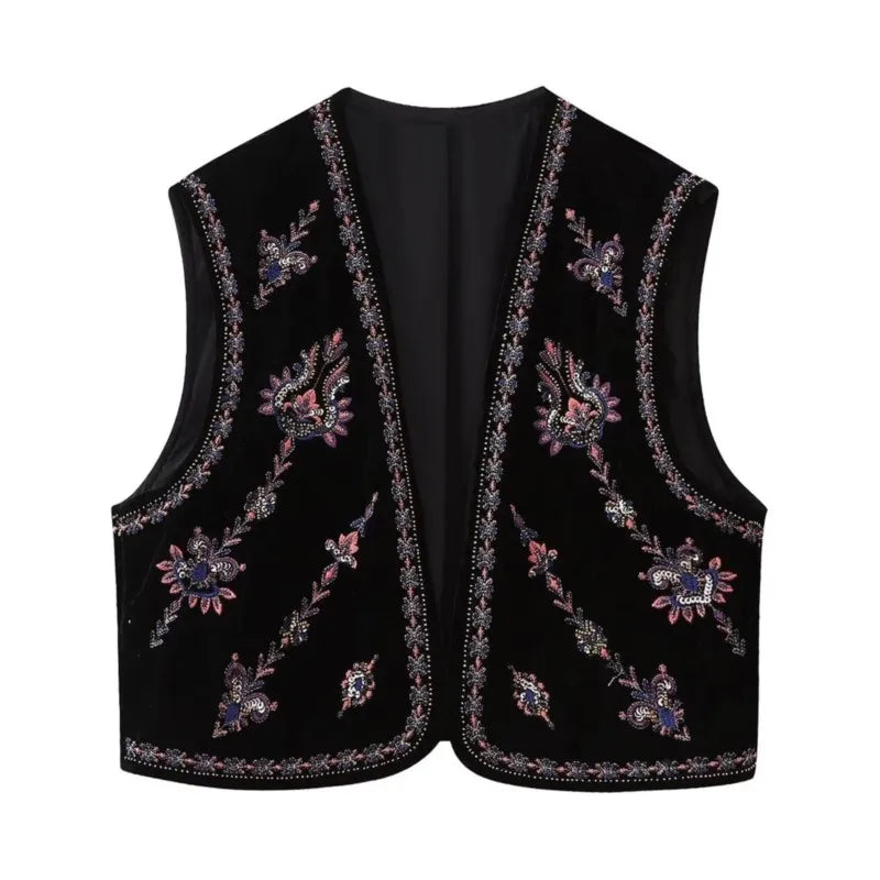 Black Shimmer Boho Sequin Embroidered Vest