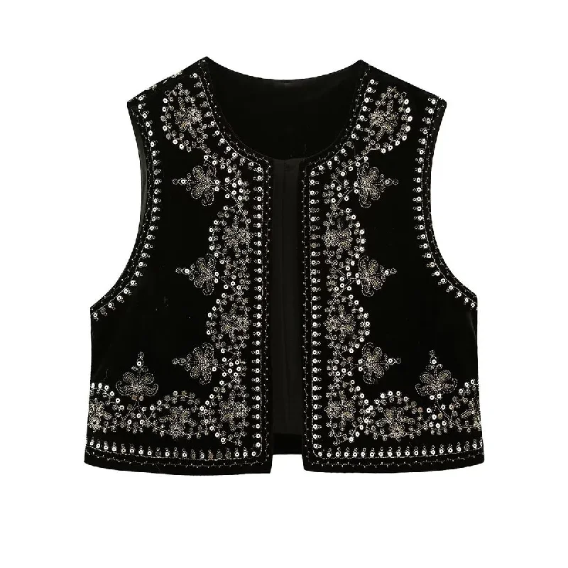 Black Boho Sequin Embroidered Vest