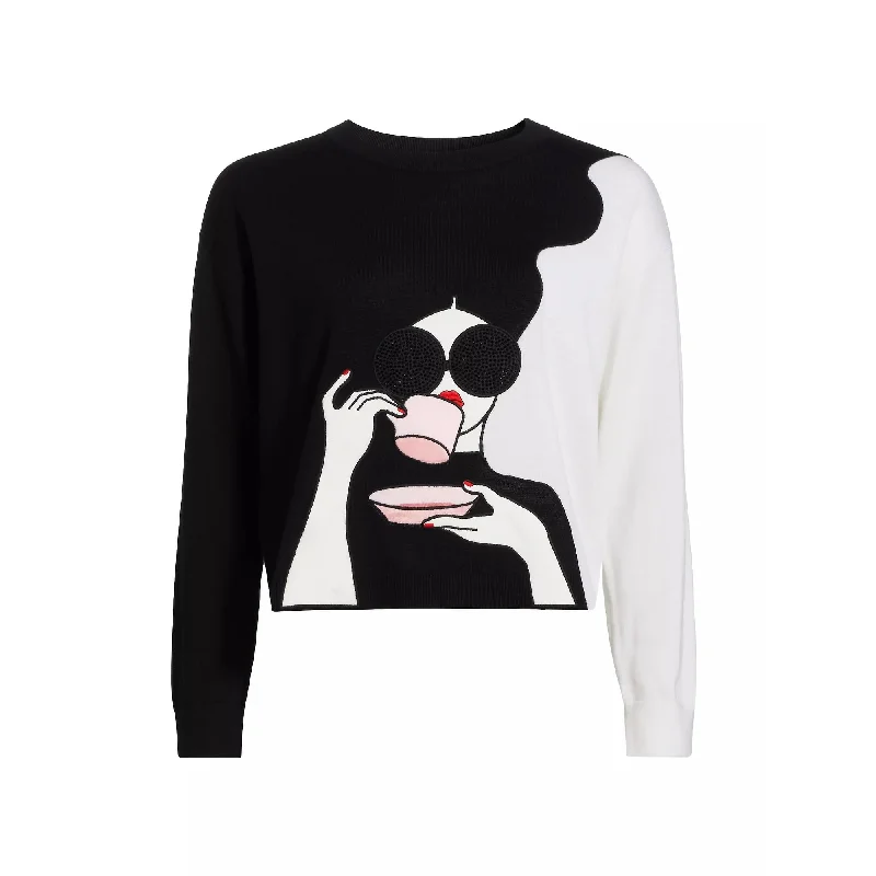 alice + olivia Gleeson Staceface Pullover, Black/Soft White Multi