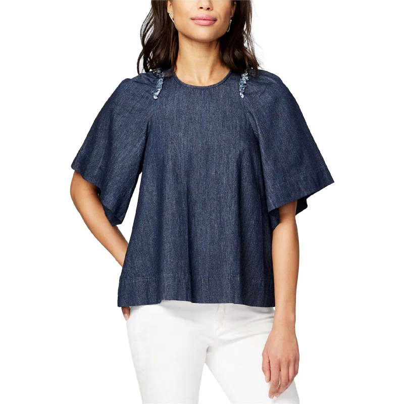 Rachel Roy Womens Denim Ruffle-Trim Pullover Blouse