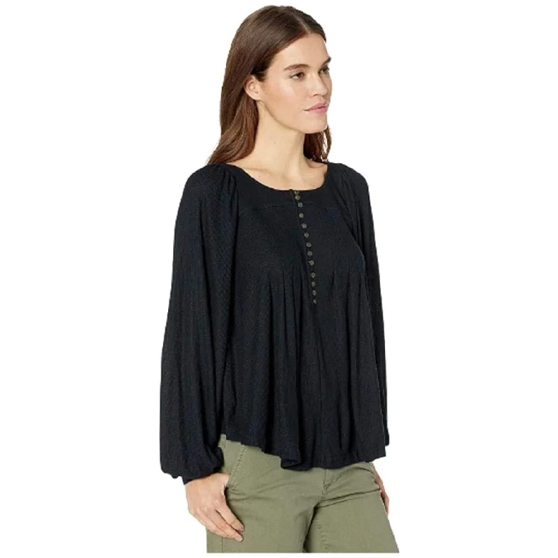 Free People Womens Ribbed Pullover Blouse, Black, Small