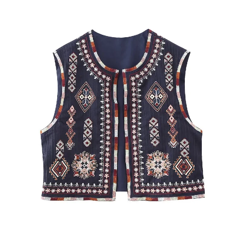 Navy Boho Floral Embroidered Vest