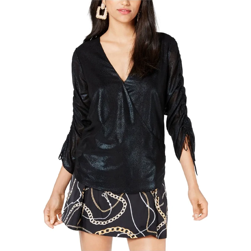 GUESS Womens Jewel Foil Ruched Sleeve Pullover Blouse, Black, Small