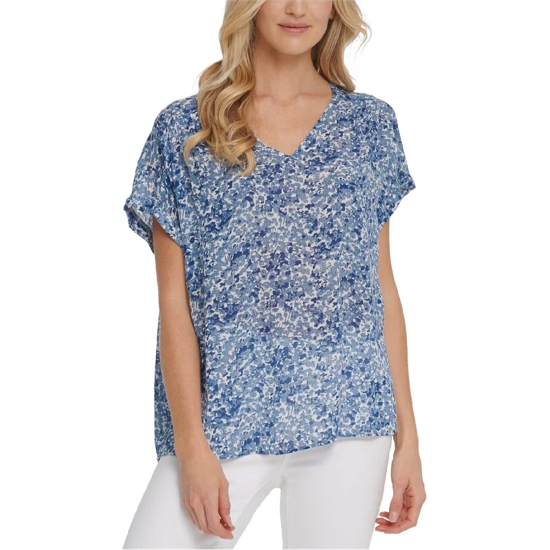 DKNY Womens Printed V-Neck Pullover Blouse, Blue, Medium