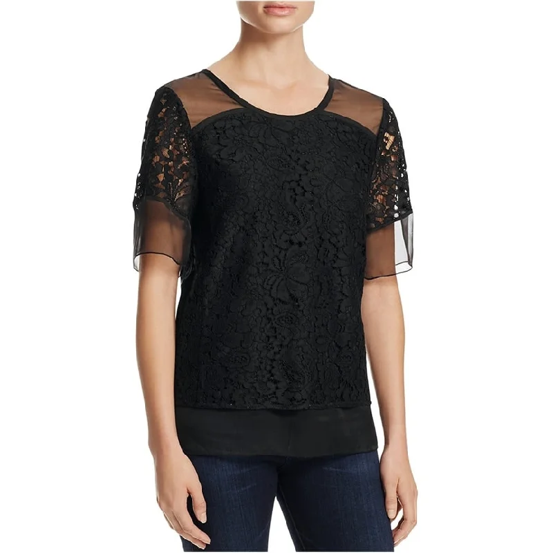 Finity Womens Sheer Lace Pullover Blouse