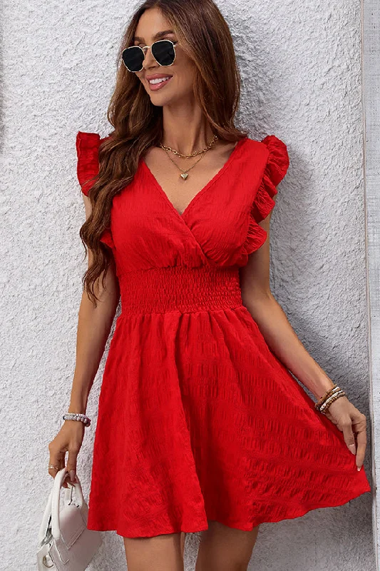 Solid Color V Neck Ruffle Sleeve Mini Dress