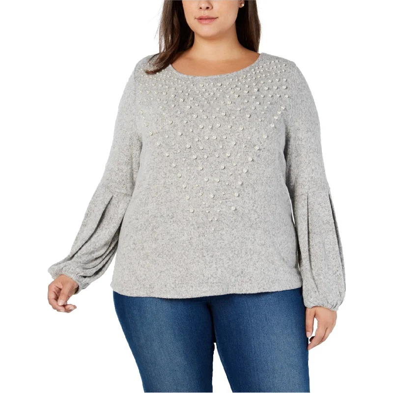 I-N-C Womens Pearl-Embellished Pullover Sweater, Grey, 1X