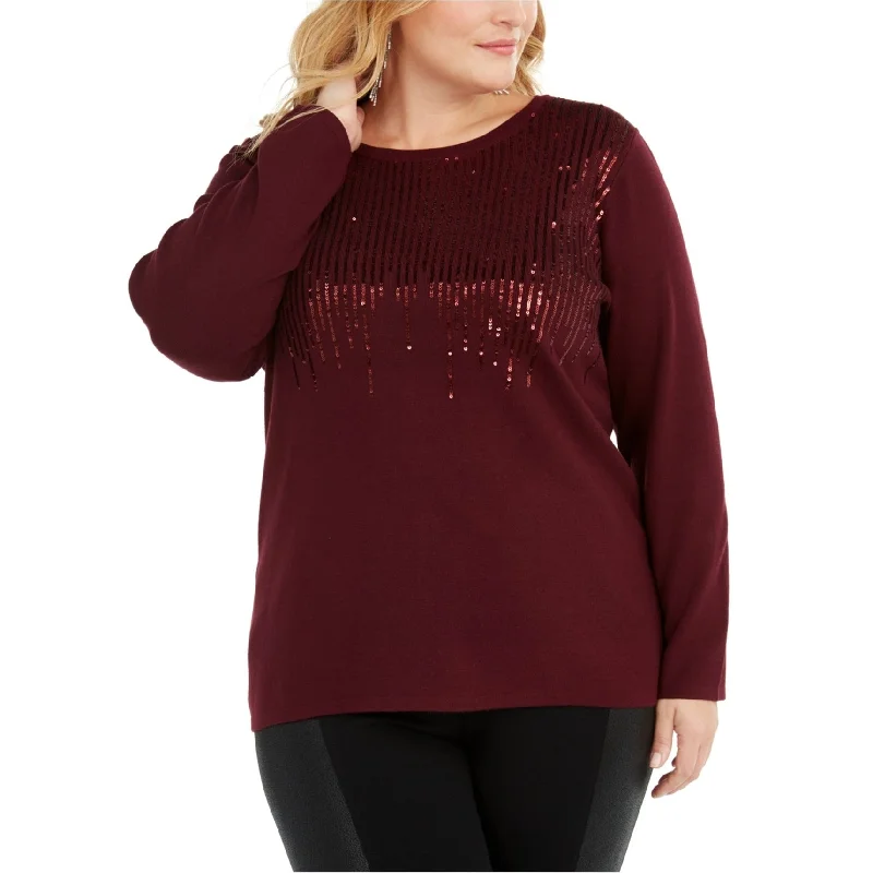 I-N-C Womens Sequin Crewneck Pullover Sweater, Red, 2X