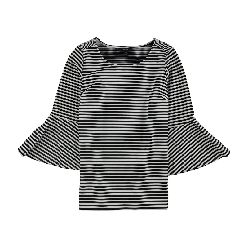 Alfani Womens Striped Bell Sleeve Pullover Blouse, Black, 0X