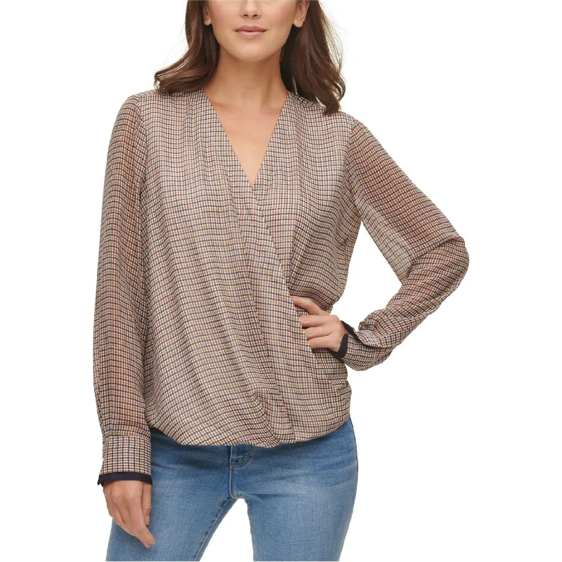 DKNY Womens Faux Wrap Pullover Blouse, Beige, X-Small