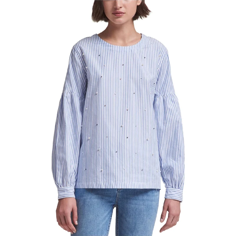 DKNY Womens Pearl Woven Pullover Blouse, Blue, Medium