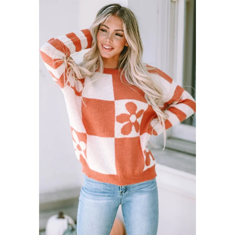 Miller Checkered Floral Striped Sleeve Sweater