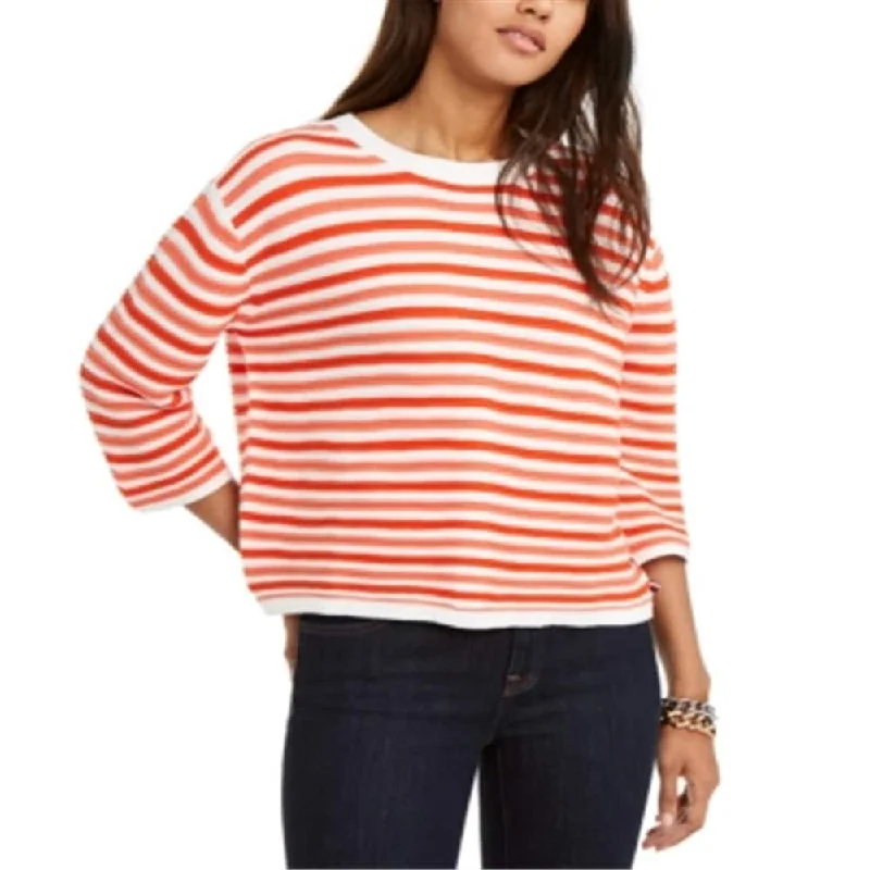 Tommy Hilfiger Women's Cotton Striped 3/4-Sleeve Sweater Orange Size Large