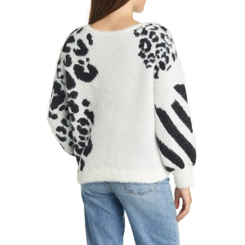 Vince Camuto Women's Animal Print Jacquard Fuzzy Sweater White Size Small