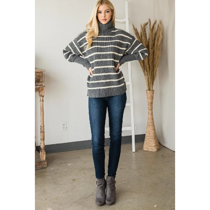 Heavy Knit Striped Turtle Neck Knit Sweater