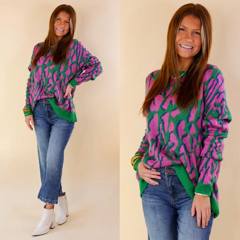 No Hesitation Animal Print Long Sleeve Sweater in Green and Purple