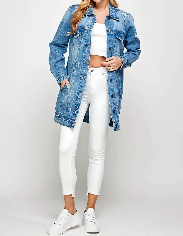 Mid Length Distressed Denim Jacket In Acid Washed