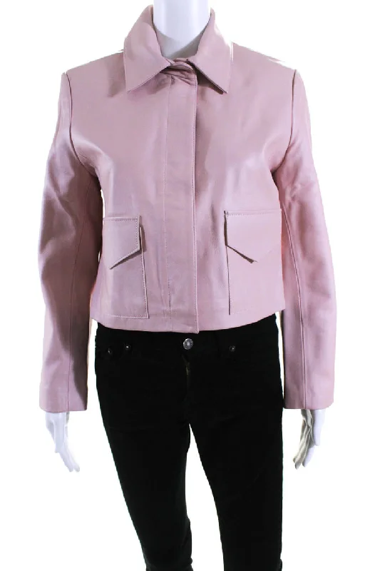 Nour Hammour Womens Full Zip Collared Cropped Leather Jacket Pink