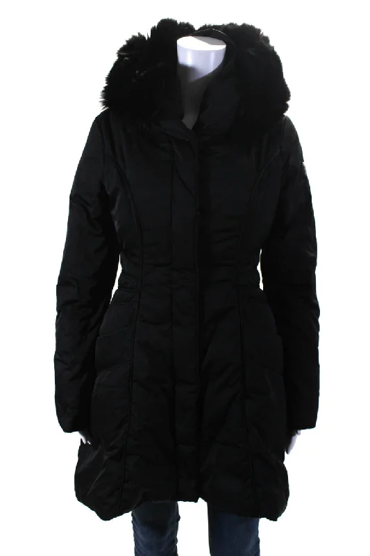 Post Card Womens Fur Lined Hooded Mid-Length Full Zip Fall Coat Black