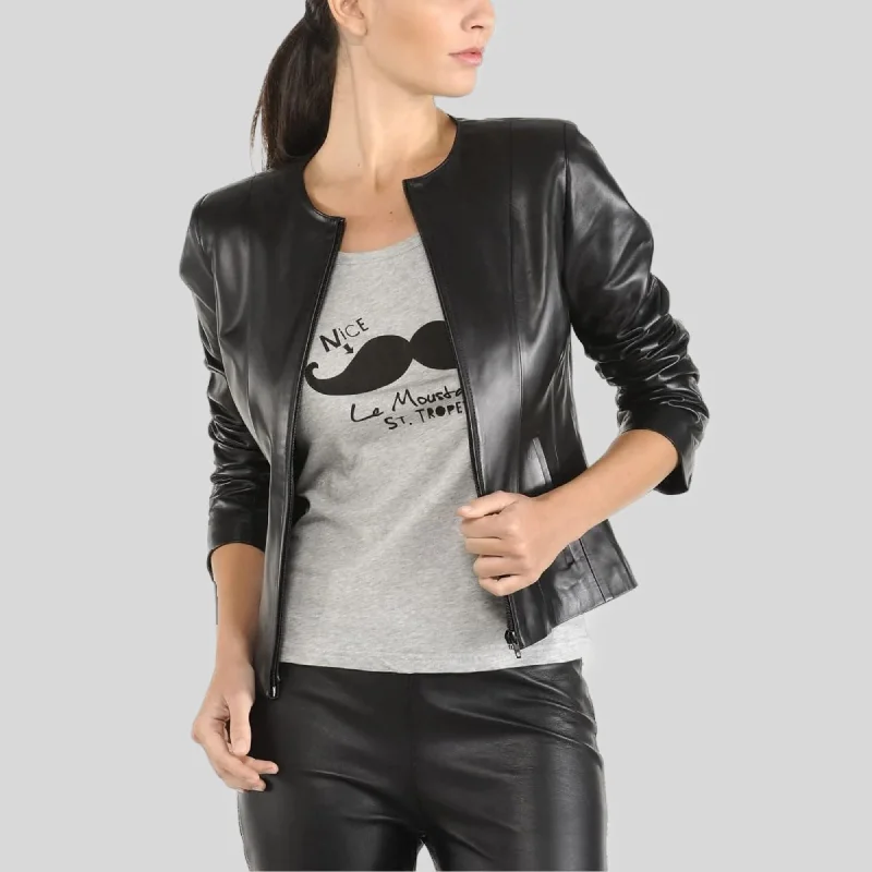 Women's Black Genuine Lambskin Cafe Racer Slim-Fit Leather Jacket