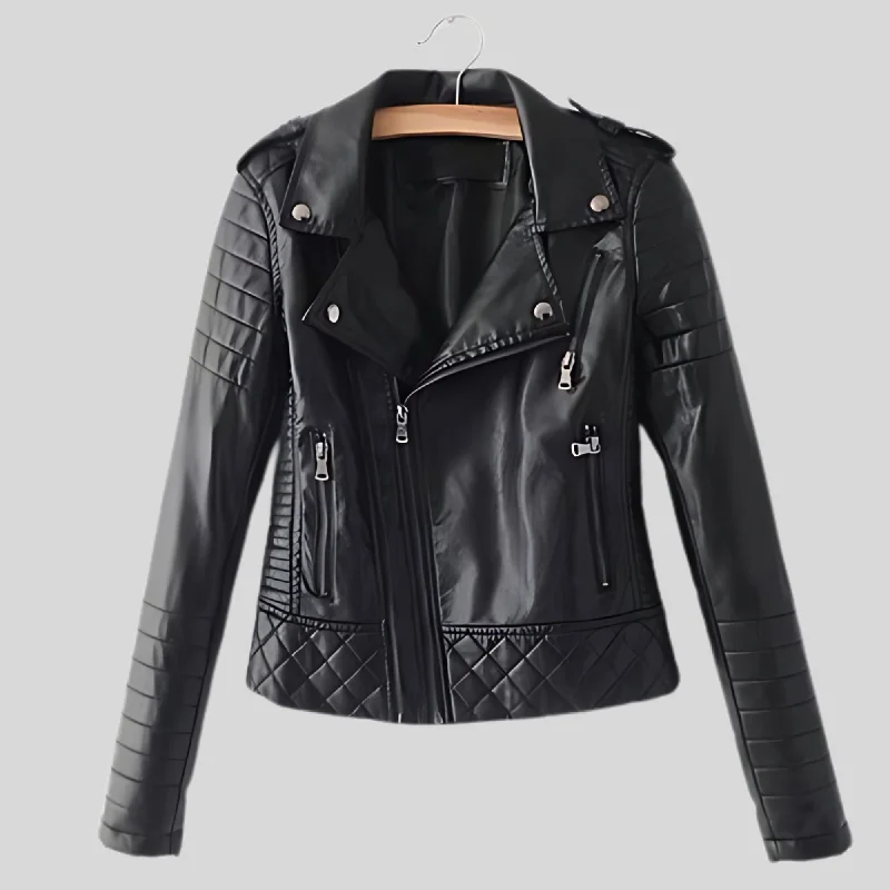 Women's Black Motorcycle Biker Real Sheepskin Leather Jacket