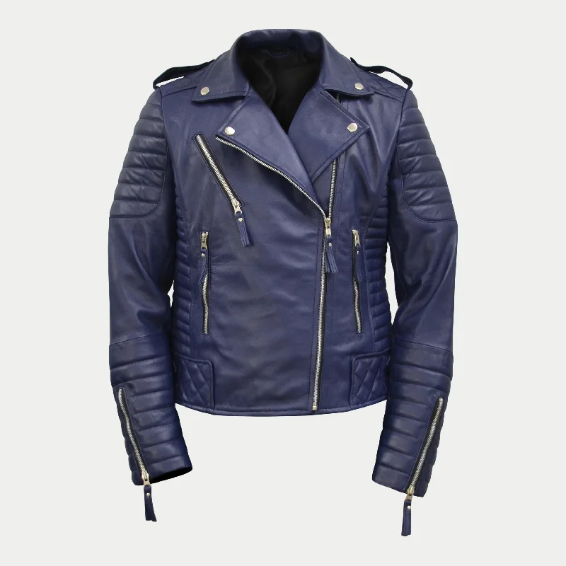 Women's Dark-Blue Quilted Padded Motorcycle Genuine Leather Biker Jacket