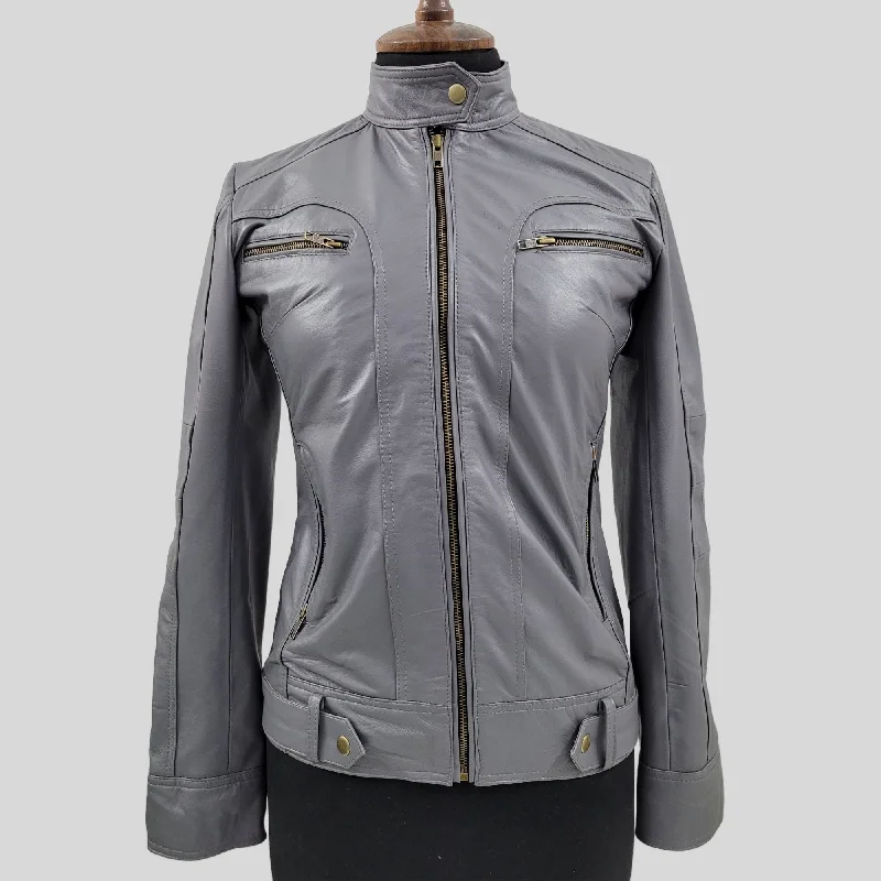 Women's Waxed Grey Genuine Lambskin Cafe Racer Leather Jacket