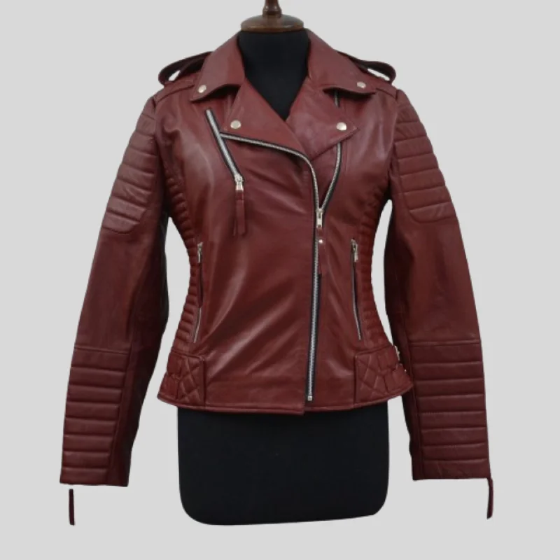 Women's Maroon Motorcycle Genuine Lambskin Leather Biker Jacket