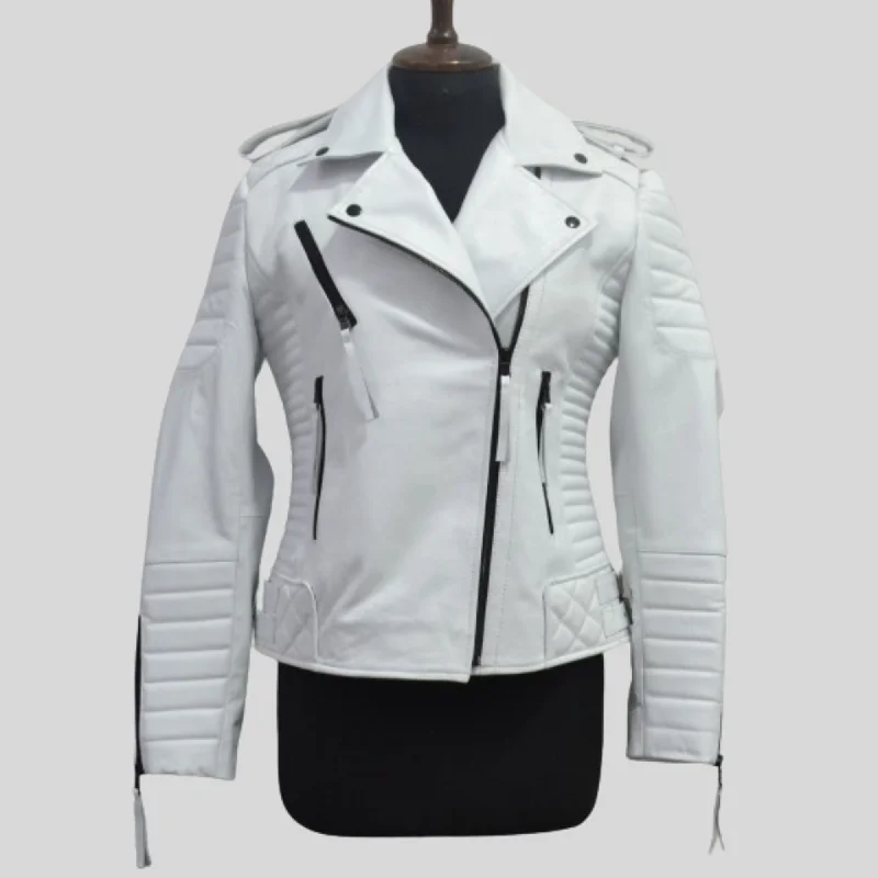 Womens White Biker Quilted Motorcycle Leather Jacket