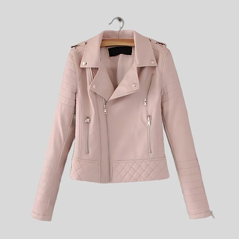 Women's Pink Motorcycle Biker Real Sheepskin Leather Jacket