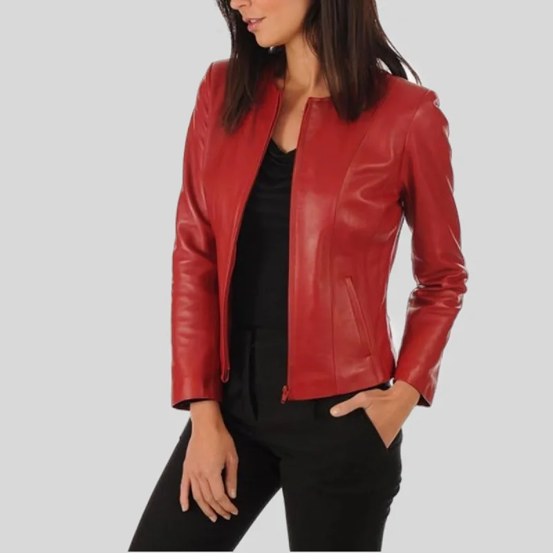 Women's Red Genuine Lambskin Cafe Racer Slim-Fit Leather Jacket