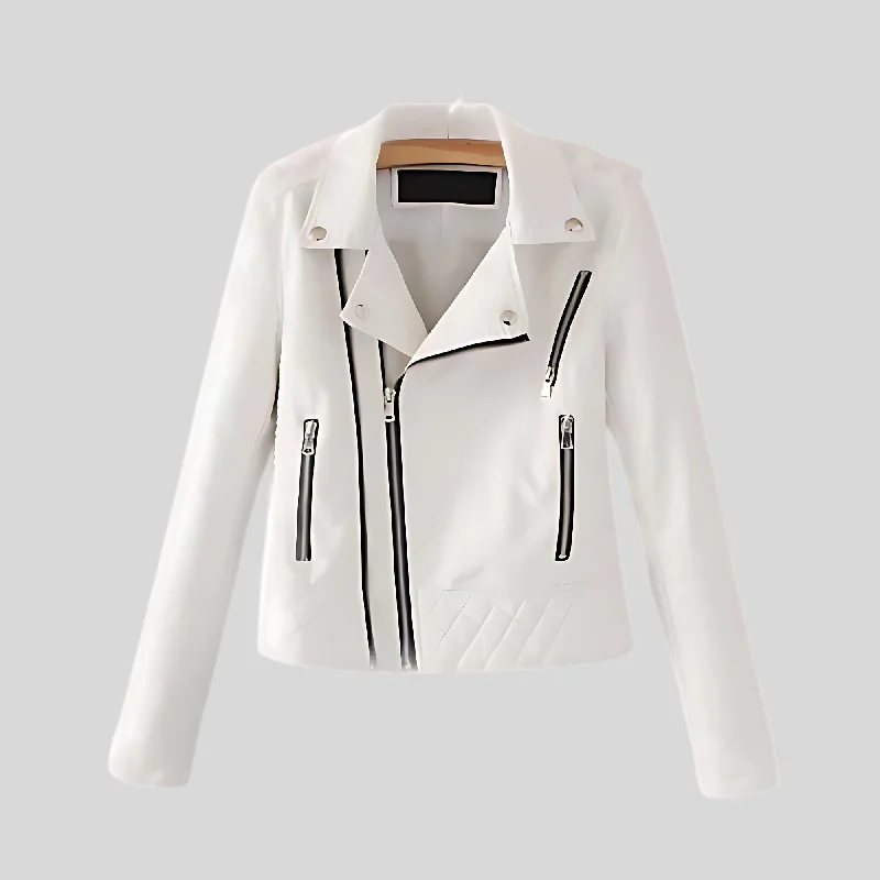 Women's White Motorcycle Biker Real Sheepskin Leather Jacket