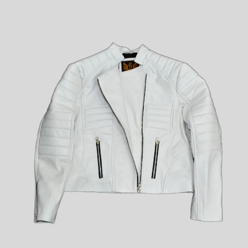 Women's White Padded Cafe Racer Genuine Leather Jacket