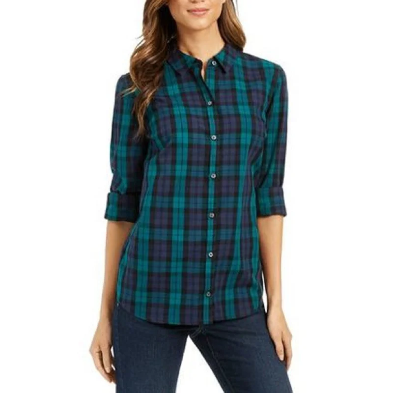 Charter Club Women's Cotton Plaid Shirt Black Size Extra Large