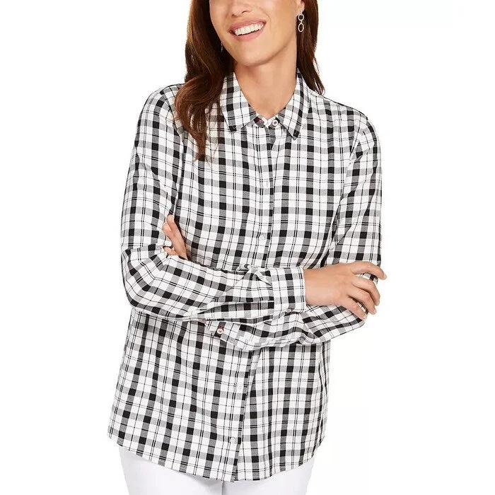 Charter Club Women's Cotton Plaid Shirt Black Size Small