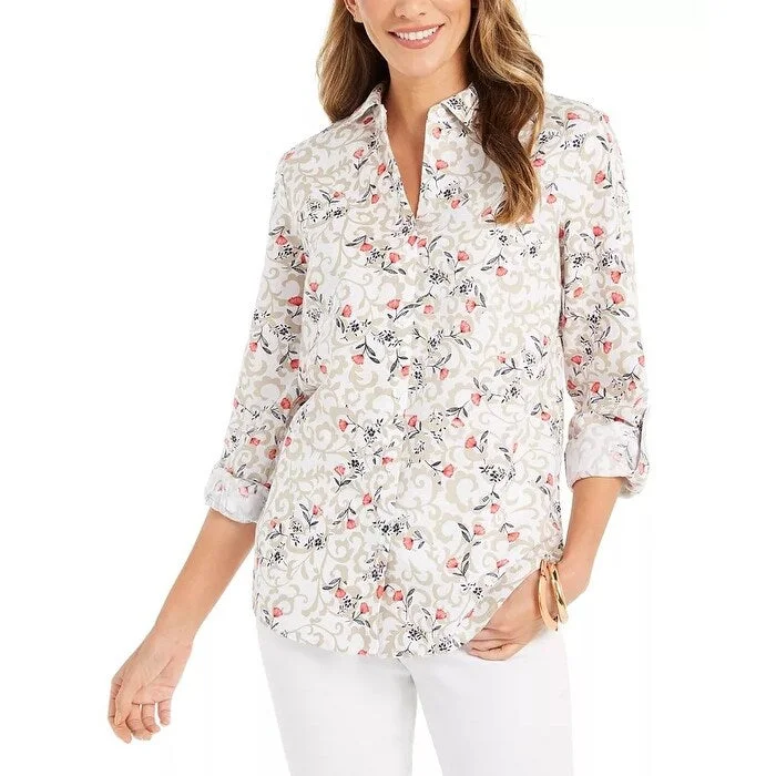 Charter Club Women's Floral Print Tab Sleeve Linen Blend Shirt White Size Small