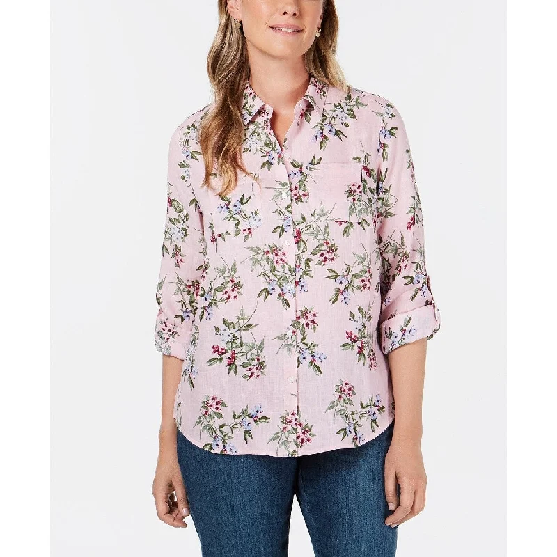 Charter Club Women's Linen Floral-Print Utility Shirt Pink Size Large - L