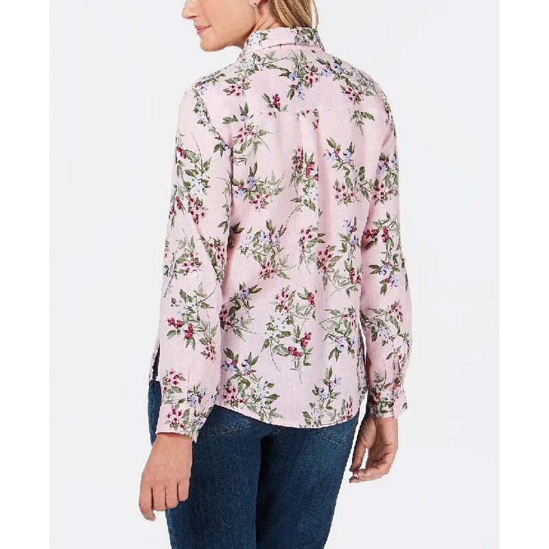 Charter Club Women's Linen Floral-Print Utility Shirt Pink Size Medium - L