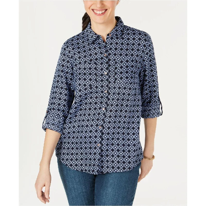 Charter Club Women's Linen Printed Button-Up Shirt Navy Size Medium