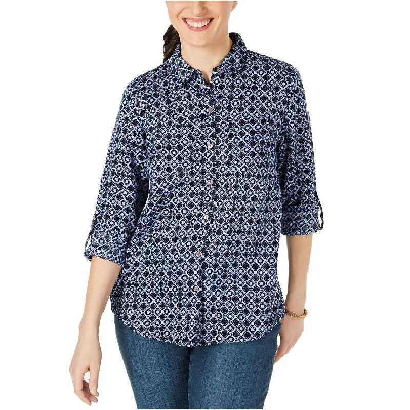 Charter Club Women's Linen Printed Button-Up Shirt Navy Size Small