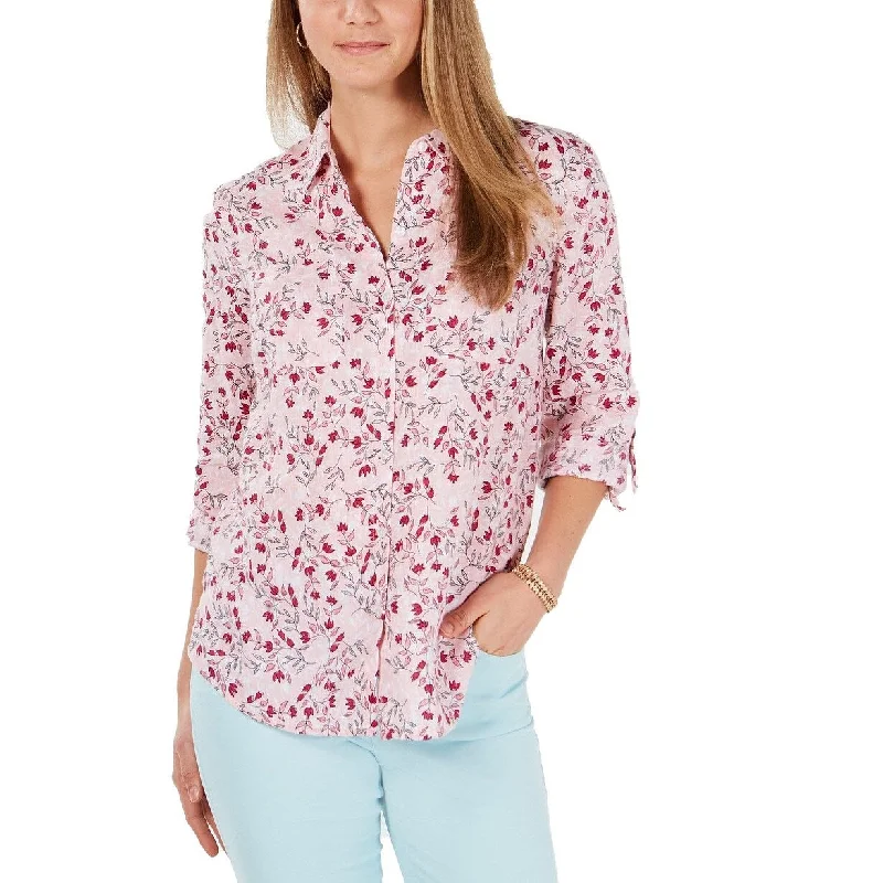 Charter Club Women's Petite Linen Floral Roll-Tab Shirt Pink Size Extra Large - M