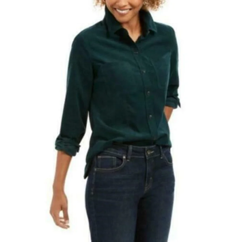 Charter Club Women's Solid Corduroy Shirt Dark Green Size Small