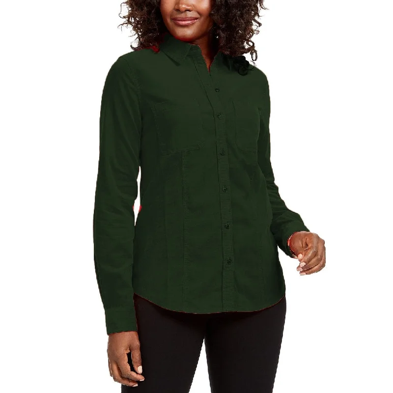 Charter Club Women's Solid Corduroy Shirt Green Size Large