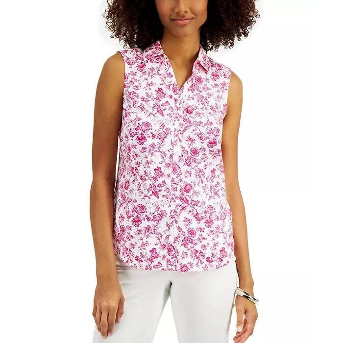 Charter Club Women's Toile-Print Sleeveless Shirt Dark Pink Size 16