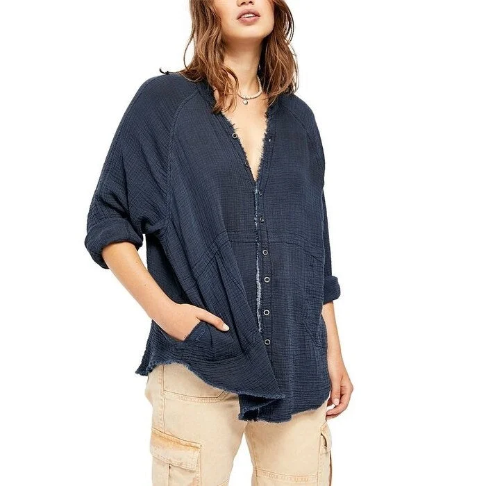 Free People Women's Summer Daydream Button Shirt Dark Blue Size Medium