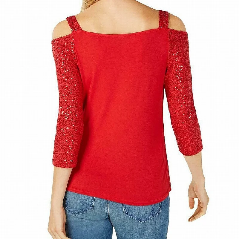 INC International Concepts Women's Large Sequin Cold Off Shoulder Shirt Red Size Large