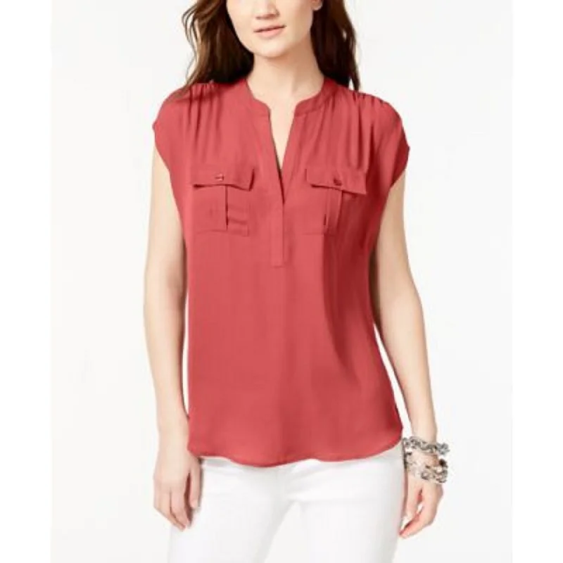 INC International Concepts Women's Split Neck Utility Shirt Dark Red Size Medium