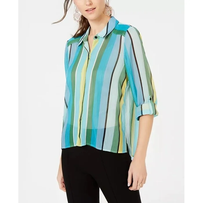 INC International Concepts Women's Vertical Stripe Button Up Shirt Green Size Small